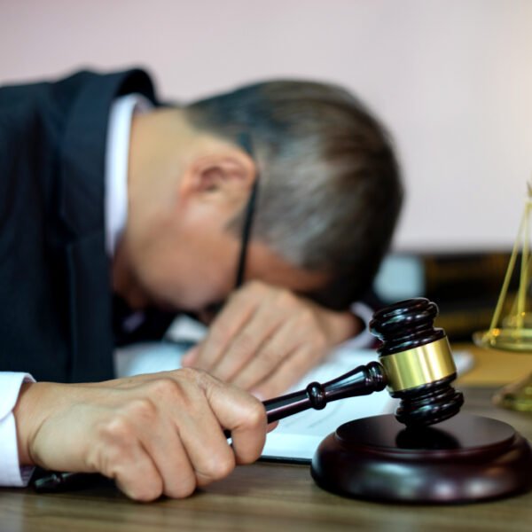 Judge wuth a gravel, and his head down on the desk hammering the gavel in disappointment