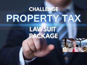 A man in suit and tie pointing to the words " challenge property tax lawsuit package ".