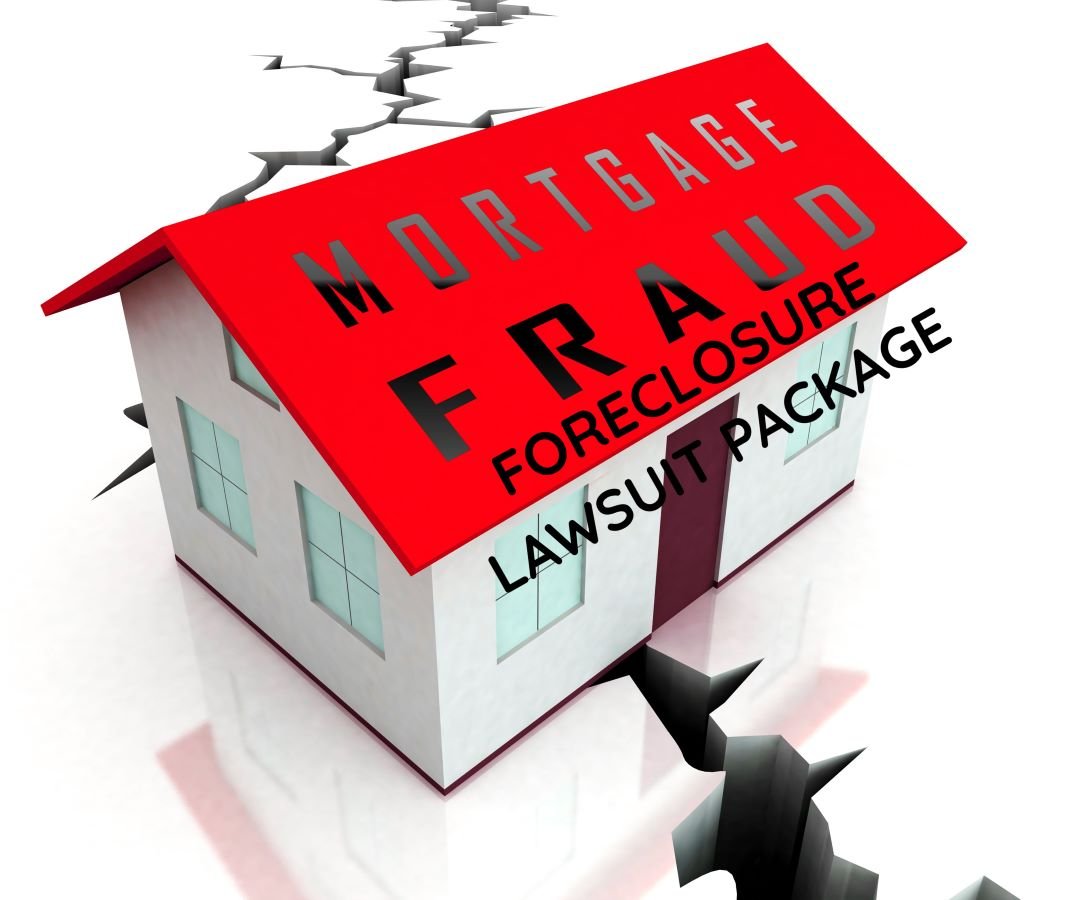 A red roof house with the words mortgage fraud foreclosure and lawsuit package written on it.