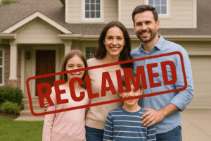 **Alt Text:** A smiling Caucasian family of four stands together in front of their suburban home, with the word "RECLAIMED" boldly stamped across the image in red capital letters.