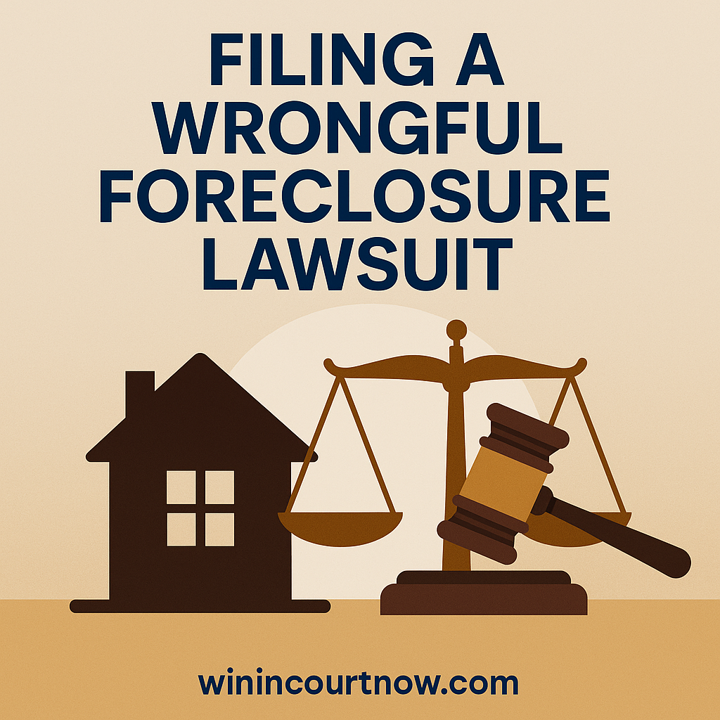 Illustration representing a wrongful foreclosure lawsuit, showing scales and home