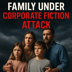 A scared family of two kids and mother and father