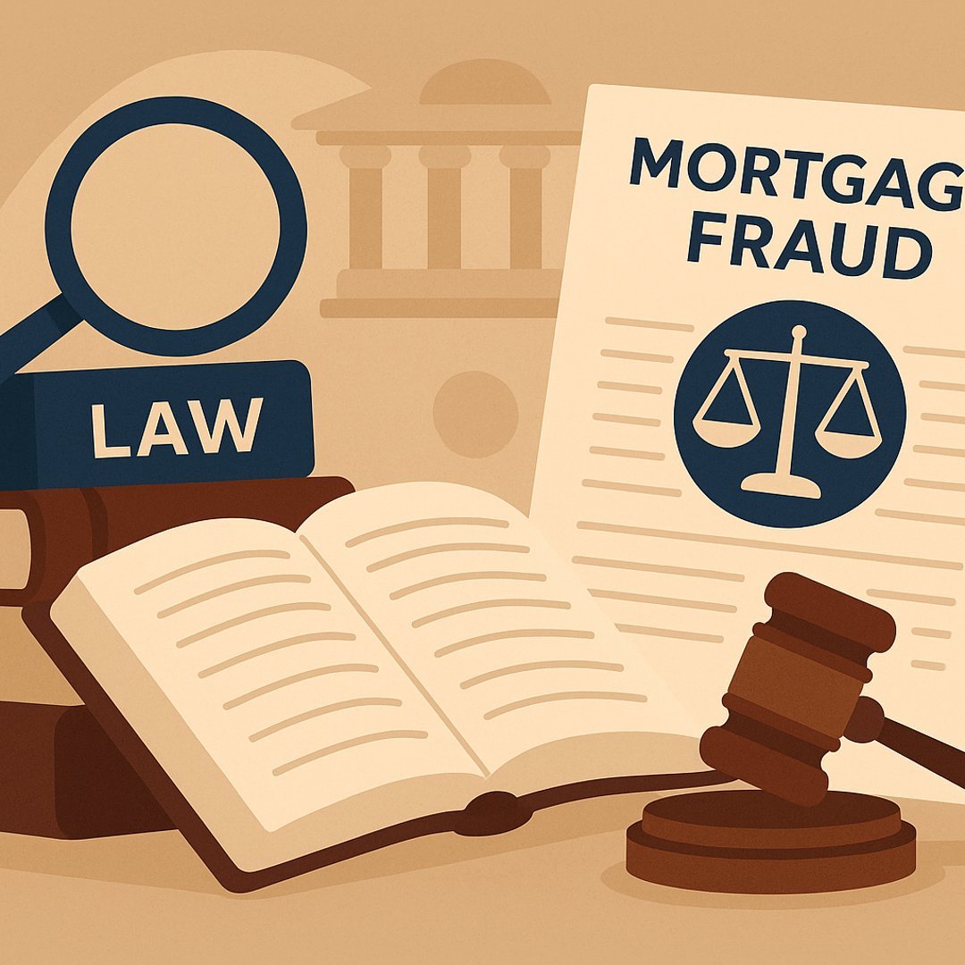 Illustration of a mortgage fraud defense concept with law scales and property documents