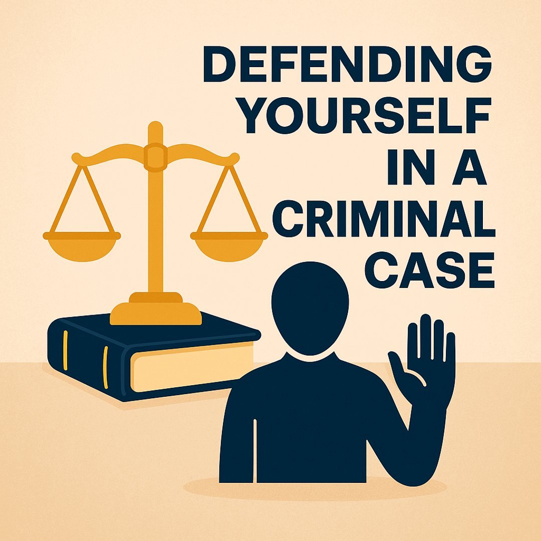 Self defense in criminal case – abstract illustration with scales, gavel, and defendant