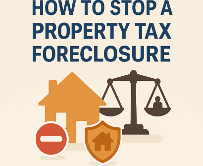 Illustration of scales of justice and property tax foreclosure concept representing how to stop a property tax foreclosure