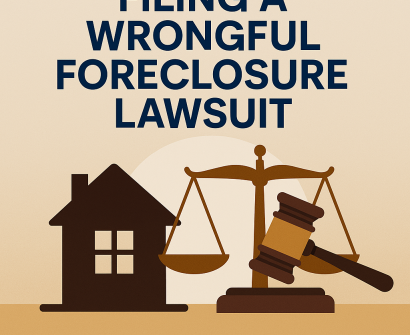 Illustration representing a wrongful foreclosure lawsuit, showing scales and home