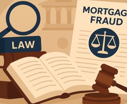 Illustration of a mortgage fraud defense concept with law scales and property documents