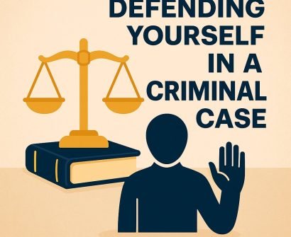Self defense in criminal case – abstract illustration with scales, gavel, and defendant